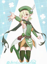  +_+ 1girl :d aoi_(princess_connect!) armpits beret blue_background blush boots breasts chokomin clover detached_sleeves dress elf feathers four-leaf_clover full_body gloves green_boots green_eyes green_gloves green_hair green_hat green_scarf green_shirt green_shorts green_sleeves green_thighhighs hair_over_one_eye hat hat_feather highres jumping knee_boots legs_up looking_at_viewer open_mouth pointy_ears princess_connect! reaching scarf shirt short_hair shorts sleeveless sleeveless_shirt small_breasts smile solo striped_clothes striped_thighhighs thigh-highs torn_clothes twitter_username two-tone_background two-tone_shirt vertical-striped_clothes vertical-striped_thighhighs white_dress 
