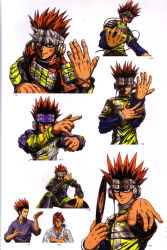  1boy absurdres artbook beatmania_iidx bemani black_hair character_name dougi goli_matsumoto headphones highres holding_record japanese_clothes long_sleeves male_focus multicolored_hair multiple_views official_alternate_costume official_art red_hair scan short_hair simple_background spiky_hair third-party_source two-tone_hair vinyl_record white_background yuz_(beatmania) 