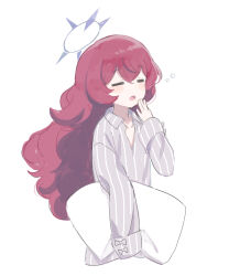  1girl :o absurdres alternate_costume blue_archive closed_eyes facing_viewer grey_shirt halo hand_to_own_mouth hand_up highres holding holding_pillow iroha_(blue_archive) long_hair long_sleeves nprmtp open_mouth pajamas pillow red_hair shirt simple_background sleepy solo squeans white_background yawning 