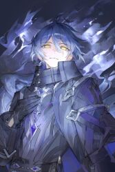  1boy antenna_hair belt belt_buckle black_belt black_coat black_gloves blue_gem buckle capelet closed_mouth coat collared_capelet commentary double-parted_bangs english_commentary fire flins_(genshin_impact) floating_hair gem genshin_impact gloves gradient_hair hair_between_eyes hand_on_own_chest highres long_hair long_sleeves male_focus multicolored_hair purple_fire sketch solo yellow_eyes you_yeyou0904 
