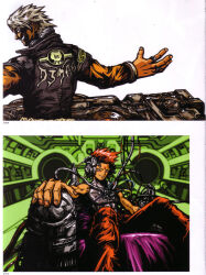  2boys absurdres artbook beatmania_iidx bemani blonde_hair cable character_request dark-skinned_male dark_skin dj facial_mark forehead_mark foreshortening goli_matsumoto headphones highres looking_at_viewer male_focus multiple_boys official_art orange_pants pants scan science_fiction short_hair sitting spiky_hair third-party_source turntable 