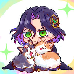  1boy animal black_hair blush chibi closed_mouth commentary_request dog fate/grand_order fate_(series) full_body green_eyes hair_between_eyes john_lackland_(fate) kasuga_yuuki male_focus multicolored_hair petting purple_hair sitting solo sparkle two-tone_hair v v-shaped_eyebrows 
