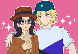  2girls :d alexa_mcarthur_(loneshadowstar) arm_around_shoulder black_hair blue_eyes blush commission commissioner_upload glasses hand_on_own_chest highres looking_at_another maji_(majibomber) medium_hair melissa_mona_(loneshadowstar) multiple_girls non-web_source open_mouth orange_eyes original partial_humanization scarf smile tomodachi_life tomodachi_life:_living_the_dream upper_body vgen_commission yuri 