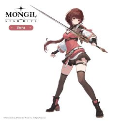  1girl :< absurdres belt black_boots black_gloves black_skirt black_thighhighs boots brown_eyes brown_hair character_name copyright_name copyright_notice fingerless_gloves full_body gloves highres holding holding_sword holding_weapon jacket legs_apart logo long_hair long_sleeves looking_at_viewer low_ponytail miniskirt mongil:_star_dive o-ring o-ring_thigh_strap official_art open_clothes open_jacket pink_shirt pleated_skirt ponytail puffy_long_sleeves puffy_sleeves shirt skirt standing sword thigh-highs thigh_strap transparent_background verna_(mongil:_star_dive) weapon white_belt white_jacket zettai_ryouiki 