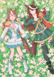 2girls absurdres amenamae animal_ear_piercing animal_ears ascot black_gloves black_shoes black_thighhighs blue_sash blush boots brown_hair cape catching_breath closed_eyes collared_shirt commentary_request earrings epaulettes field flower flower_field footwear_ribbon frilled_skirt frills from_above gloves gold_buttons grass hair_ribbon high_ponytail highres horse_ears horse_girl horse_tail jewelry lying medal multicolored_hair multiple_girls on_back open_mouth outdoors pink_flower pleated_skirt ponytail red_cape ribbon sash shirt shoes silver_buttons single_earring single_epaulette skirt symboli_rudolf_(emperor's_path)_(umamusume) symboli_rudolf_(umamusume) tail thigh-highs tokai_teio_(peak_joy)_(umamusume) tokai_teio_(umamusume) umamusume white_boots white_gloves white_hair white_skirt yellow_sash zettai_ryouiki 