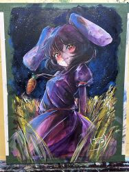  1girl absurdres animal_ears arms_behind_back blush brown_hair carrot_necklace closed_mouth commentary_request dress floppy_ears grass harikona highres inaba_tewi jewelry looking_at_viewer medium_hair necklace night outdoors painting_(medium) pendant photo_(medium) pink_dress rabbit_ears rabbit_girl red_eyes signature smile solo touhou traditional_media watercolor_(medium) 