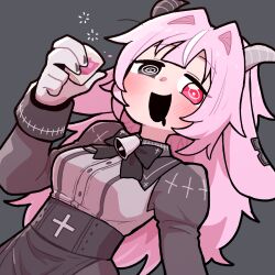  1girl :d animal_ears bell black_background black_bow black_bowtie black_eyes black_mouth black_saliva bow bowtie breasts commentary_request femme_soule gloves goat_ears goat_horns heterochromia highres horns long_hair long_sleeves looking_at_viewer neck_bell open_mouth pink_hair pukey_goddess_shot_trick red_eyes simple_background smile solo squeans takurada 
