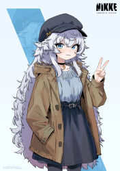  1girl :3 absurdres alternate_costume belt belt_buckle black_choker black_hat black_skirt blue_eyes blue_shirt brown_coat buckle character_name choker coat commentary_request copyright_logo cowboy_shot fluffy_hair goddess_of_victory:_nikke grey_hair hand_in_pocket hat hat_ornament high-waist_skirt highres hood hooded_coat korean_commentary logo long_hair myaoooo poli_(nikke) shirt skirt solo standing twitter_username v very_long_hair white_background zoom_layer 