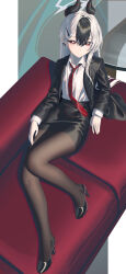  1girl absurdres alternate_costume black_hair black_horns black_pantyhose blue_archive breasts business_suit closed_mouth collared_shirt commentary_request demon_horns earclip grey_halo hair_between_eyes halo highres horns kayoko_(blue_archive) long_hair looking_at_viewer multicolored_hair necktie office_lady pantyhose pencil_skirt red_eyes red_necktie rui_(rei_leyi) shirt skirt small_breasts solo suit two-tone_hair white_hair white_shirt 