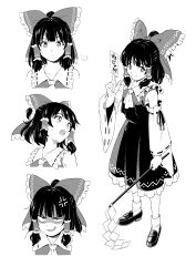  1girl absurdres anger_vein angry ascot between_fingers bow chest_sarashi closed_mouth commentary detached_sleeves false_smile frilled_bow frilled_hair_tubes frilled_skirt frills full_body gohei hair_bow hair_tubes hakurei_reimu highres holding holding_gohei holding_ofuda inuno_rakugaki long_hair looking_at_viewer multiple_expressions multiple_views ofuda ofuda_between_fingers open_mouth puff_of_air ribbon-trimmed_sleeves ribbon_trim sarashi shaded_face skirt smile sweatdrop touhou 