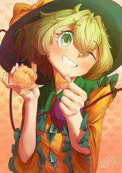  1girl absurdres black_hat blush bow buttons chinese_commentary collared_shirt commentary_request dated diamond_button disembodied_linked_eye eyeball food frilled_shirt_collar frilled_sleeves frills fruit green_eyes green_hair grin hat hat_bow highres holding holding_food holding_fruit jian_wei_xiao_shi_pian komeiji_koishi long_sleeves looking_at_viewer mandarin_orange medium_hair one_eye_closed shirt smile solo touhou upper_body wide_sleeves yellow_bow yellow_shirt 