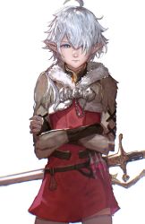  1girl absurdres advarcher ahoge alisaie_leveilleur black_shirt blue_eyes closed_mouth crossed_arms elezen elf final_fantasy final_fantasy_xiv fur_trim highres long_hair long_sleeves looking_at_viewer pointy_ears red_tunic shirt simple_background solo sword thigh-highs tunic weapon white_background white_hair white_thighhighs 