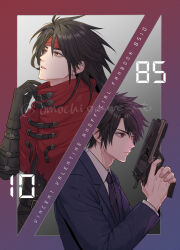  1boy black_gloves black_hair cloak closed_mouth collared_shirt commentary_request final_fantasy final_fantasy_vii gloves gun handgun headband holding holding_gun holding_weapon jacket long_hair looking_up male_focus multiple_views necktie omochigame_ct parted_lips red_cloak red_eyes red_headband shirt short_hair suit_jacket turks_(ff7) twitter_username upper_body vincent_valentine weapon white_shirt 