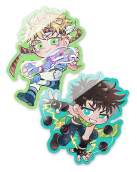  2boys arm_up battle_tendency black_gloves black_pants black_shirt blonde_hair blue_boots blue_jacket boots brown_hair brown_shoes caesar_anthonio_zeppeli closed_mouth commentary_request crop_top facial_mark fake_head_wings fingerless_gloves gijojogi gloves green_eyes green_scarf grin hamon_(jojo) headband highres jacket jojo_no_kimyou_na_bouken joseph_joestar knee_pads korean_commentary looking_to_the_side male_focus multiple_boys outstretched_arm pants scarf shirt shoes sideways_glance simple_background smile striped_clothes striped_scarf uneven_eyes white_background white_pants 