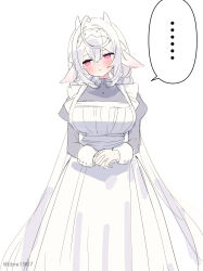  1girl :t animal_ears apron blush breasts closed_mouth collared_dress dress frilled_apron frills grey_dress hair_between_eyes hairband highres horns juliet_sleeves large_breasts long_hair long_sleeves looking_to_the_side maid maid_apron original own_hands_together pout puffy_sleeves simple_background solo very_long_hair violet_eyes white_apron white_background white_hair white_hairband zenshin 