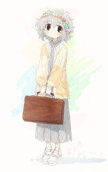  1girl bag blush brown_bag cardigan commentary dated_commentary dress full_body grey_dress grey_hair highres holding holding_bag idolmaster idolmaster_cinderella_girls long_dress looking_at_viewer mole mole_under_eye narumiya_yume nendo23 pleated_dress shoes short_hair solo untranslatable_commentary white_shoes yellow_cardigan 