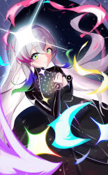  1girl anzu_cha black_dress chunithm commentary_request dress duel_monster glowing gradient_hair green_eyes grey_hair hair_between_eyes hands_on_own_chest hands_up highres ixia_(chunithm) long_hair long_sleeves looking_at_viewer multicolored_hair own_hands_together purple_hair smile solo very_long_hair 