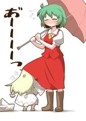  2girls anger_vein ascot blonde_hair blush boots brown_boots closed_mouth commentary dress fairy fairy_wings green_hair head_under_skirt hide_and_seek holding holding_umbrella kazami_yuuka lily_white long_sleeves multiple_girls red_skirt red_vest shirt short_sleeves skirt smile socks touhou twitter_username umbrella under_another's_clothes unworn_headwear vest white_background white_dress white_shirt white_socks wide_sleeves wings yellow_ascot zannen_na_hito 