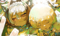  1boy 1girl 3others :< absurdres ambiguous_gender animal_ear_fluff animal_ears armor blonde_hair blush breastplate brown_hair cat_ears cat_tail cloak closed_eyes commentary_request facial_hair facing_viewer fur-trimmed_cloak fur_trim hair_between_eyes hair_intakes hairband high_collar highres looking_to_the_side medium_hair multicolored_hair multiple_others open_mouth original raised_inner_eyebrows smile sweatdrop tail teeth v white_hair white_hairband yo_mi_chi000 