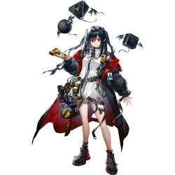 1girl arknights bat_wings belt belt_pouch black_belt black_boots black_coat black_collar black_hair black_shorts boots carabiner chain closed_mouth closure_(arknights) coat collar demon_tail drone earpiece full_body goggles hair_between_eyes hammer highres holding holding_weapon id_card infection_monitor_(arknights) jacket lambda_(arknights) legs_apart liyu_li long_hair looking_at_viewer multicolored_coat official_art open_clothes open_coat pliers pointy_ears pouch puffy_sleeves red_coat red_eyes shorts simple_background smile solo standing tachi-e tail third-party_source tool_belt tools transparent_background turtleneck turtleneck_jacket twintails two-tone_coat weapon wings 