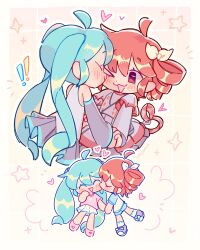  ! !! >_o 2girls ahoge blue_hair blush blush_stickers bow chibi chibi_only closed_eyes commentary detached_sleeves drill_hair english_commentary hair_bow hatsune_miku heart highres holding_hands kasane_teto kasane_teto_(sv) kiss kissing_cheek long_sleeves louloous multiple_girls one_eye_closed open_mouth pleated_skirt red_eyes red_hair shirt short_sleeves shorts skirt sleeveless sleeveless_shirt smile socks star_(symbol) synthesizer_v t-shirt twin_drills twintails utau vocaloid yuri 
