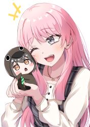  2girls absurdres animal_hood bang_dream! bang_dream!_it's_mygo!!!!! blush brown_eyes chihaya_anon commentary_request dress fang grey_dress grey_eyes grey_hair heart heart_necklace highres hood hood_up jewelry long_hair long_sleeves mini_person multiple_girls necklace one_eye_closed open_mouth penguin_hood pinafore_dress pink_hair plaid_clothes plaid_dress revision shirt short_hair simple_background sleeveless sleeveless_dress suzuka_(suzukawu) takamatsu_tomori white_background white_shirt 