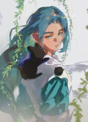  1boy absurdres animal_on_shoulder black_cat blue_eyes blue_hair cat cat_on_shoulder closed_mouth highres long_hair looking_at_animal male_focus muyihui original plant portrait shirt signature solo vines white_shirt 