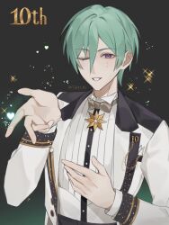  1boy anniversary black_background bow bowtie commentary_request ensemble_stars! gradient_hair green_hair grey_bow grey_bowtie hair_between_eyes hand_up heart highres jacket kazehaya_tatsumi layered_sleeves long_sleeves looking_at_viewer male_focus mole mole_under_eye multicolored_hair one_eye_closed shirt short_hair smile solo sparkle striped_clothes striped_shirt tok81_01 traditional_bowtie upper_body vertical-striped_clothes vertical-striped_shirt violet_eyes white_jacket white_shirt 