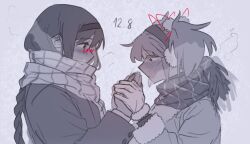  2girls akemi_homura avanes_d black_hair black_hairband blush commentary dated fur-trimmed_headphones hairband holding_hands kaname_madoka long_hair mahou_shoujo_madoka_magica multiple_girls red-framed_eyewear scarf short_hair twintails untranslatable_commentary upper_body yuri 