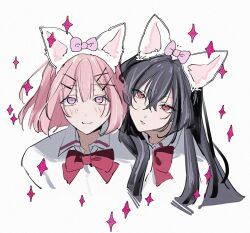  2girls amaori_renako animal_ear_hairband animal_ears ashigaya_high_school_uniform black_hair blush bow bowtie chodadarou closed_mouth collared_shirt commentary_request fake_animal_ears hair_ornament hairband hairclip koto_satsuki long_hair looking_at_viewer medium_hair multiple_girls pink_hair red_bow red_bowtie red_eyes school_uniform shirt simple_background smile sparkle violet_eyes watashi_ga_koibito_ni_nareru_wake_naijan_murimuri! white_background white_shirt x_hair_ornament yuri 