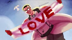  1boy azur_lane banner bird black_hair blue_sky glasses looking_at_viewer mature_male medic_(tf2) sky skydive team_fortress_2 yunmapache 
