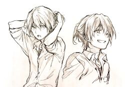 1boy :d :o ;d alternate_hairstyle angel_beats! buttons collared_shirt dress_shirt grin hair_between_eyes haru_hina highres hinata_hideki light_blush long_sleeves looking_at_viewer lower_teeth_only male_focus monochrome multiple_views one_eye_closed open_mouth ponytail shirt short_hair short_ponytail simple_background sketch sleeves_rolled_up smile teeth traditional_media tying_hair upper_body white_background white_shirt 