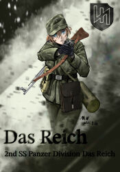  1girl abstract_background ammunition_pouch assault_rifle bag battlefield_(series) battlefield_v belt belt_buckle black_bag black_belt black_gloves blonde_hair blue_eyes blurry blurry_background buckle buttons chinese_commentary commentary cuff_title dated gas_mask_canister gloves green_hat green_jacket green_pants gun gun_on_back gun_sling hair_between_eyes handgun hat head_tilt highres holding holding_gun holding_weapon jacket long_sleeves looking_ahead m43_field_cap military military_hat military_jacket military_uniform monochrome_background mou_mou_wen_mw nazi original pants parted_lips plain_epaulettes pouch reichsadler rifle soldier solo ss_insignia stg44 two-handed waffen-ss walther_p38 weapon weapon_on_back wolfsangel world_war_ii 