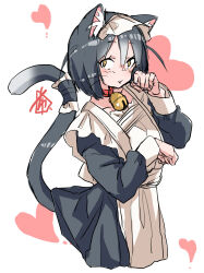  1girl animal_collar animal_ears apron bell black_dress black_hair cat_boy cat_ears cat_tail chiwa_(fcwv5738) collar commentary_request cowboy_shot dress heart heart_background highres looking_at_viewer maid maid_apron maid_headdress neck_bell original paw_pose short_hair solo tail whiskers white_background yellow_eyes 