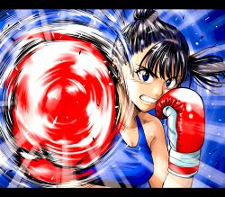  1girl black_hair blue_background blue_eyes blue_sports_bra boxing boxing_gloves breasts commentary corkscrew_blow flying_sweatdrops hajime_no_ippo high_ponytail highres incoming_attack incoming_punch lee_(dragon_garou) letterboxed medium_breasts motion_lines mouth_guard original parody ponytail punching solo sports_bra sweat upper_body 