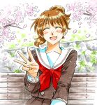  1girl :d absurdres bangs bench blush brown_hair brown_shirt cherry_blossoms closed_eyes flower hand_up hibike!_euphonium highres kitauji_high_school_uniform long_sleeves neckerchief open_mouth oumae_kumiko outdoors pink_flower ponytail red_neckerchief sailor_collar school_uniform serafuku shirt short_hair sitting smile solo traditional_media tree waretaka white_sailor_collar 