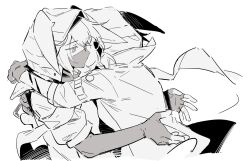  2girls animal_hood arknights crownslayer_(arknights) dopperu_ben dual_persona fingerless_gloves gloves greyscale highres hood hood_up hooded_jacket hug jacket mask monochrome mouth_mask multiple_girls short_sleeves simple_background upper_body white_background 