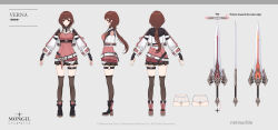  1girl absurdres belt black_boots black_gloves black_skirt black_thighhighs boots brown_eyes brown_hair character_name copyright_name copyright_notice fingerless_gloves full_body gloves grey_background highres jacket logo long_hair long_sleeves low_ponytail miniskirt mongil:_star_dive multiple_views o-ring o-ring_thigh_strap official_art open_clothes open_jacket panties pink_shirt pleated_skirt ponytail puffy_long_sleeves puffy_sleeves reference_sheet shirt skirt standing sword thigh-highs thigh_strap turnaround underwear verna_(mongil:_star_dive) weapon white_belt white_jacket white_panties zettai_ryouiki 