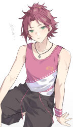  1boy absurdres arm_support bangs_pinned_back black_pants blush closed_mouth commentary curtained_hair drawstring ensemble_stars! fingernails green_eyes hair_ornament hairclip highres isara_mao jewelry looking_at_viewer male_focus necklace open_hand pants red_hair reijiro short_hair simple_background sleeveless solo star_(symbol) sweat translation_request white_background wristband 