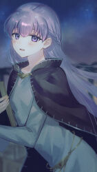  1girl blue_dress blurry blurry_background book braid cloak commentary_request cowboy_shot dress fire_emblem fire_emblem:_the_binding_blade half_up_braid highres holding holding_book jewelry light_blush long_hair long_sleeves looking_at_viewer night open_mouth purple_cloak purple_hair sanmi smile solo sophia_(fire_emblem) violet_eyes 