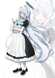  1girl alternate_costume apron basket black_dress blue_archive blush caff_(aosui9) commentary dress enmaided flower frilled_apron frills full_body halo headgear highres holding holding_basket long_hair looking_at_viewer maid maid_apron maid_headdress mechanical_halo noa_(blue_archive) open_mouth puffy_short_sleeves puffy_sleeves short_sleeves smile solo very_long_hair violet_eyes white_apron white_hair white_halo zoom_layer 