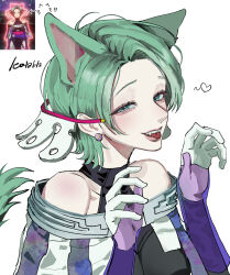  1girl bare_shoulders blue_eyes commentary_request dress earrings gloves gnosia green_hair highres jewelry korean_commentary leotab12 looking_at_viewer makeup short_hair simple_background sleeveless sleeveless_dress smile solo stella_(gnosia) upper_body 