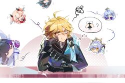  >_o 2boys 4girls :> ? aether_(genshin_impact) aether_(snezhnaya)_(genshin_impact) ahoge aqua_eyes aqua_hair armor barefoot black_dress black_gloves black_hair black_necktie black_thighhighs blonde_hair blue_cape blue_jacket blush_stickers bow bowtie bright_pupils brother_and_sister bug cameo cape chibi chibi_inset clenched_hand closed_eyes closed_mouth collared_dress colored_inner_hair columbina_(genshin_impact) company_connection crossover detached_sleeves dress earrings english_commentary eyelashes feathered_wings fly flying full_body genshin_impact gloves gradient_hair hair_between_eyes hair_ornament hairband half-closed_eyes halo halo_behind_head hand_on_own_face hand_up head_wings highres honkai:_star_rail honkai_(series) horns jacket jewelry lapels linnea_(genshin_impact) long_hair looking_at_viewer looking_up messy_hair mihoyo multicolored_hair multiple_boys multiple_girls multiple_wings necktie no_mouth official_alternate_costume one_eye_closed open_mouth orange_eyes pink_hair purple_dress purple_hair purple_sleeves red_dress red_eyes reflection robin_(honkai:_star_rail) shirt short_hair short_sleeves shoulder_armor siblings sidelocks single_earring sleeveless sleeveless_dress smile sparkle speech_bubble squiggle sunday_(honkai:_star_rail) table thigh-highs thought_bubble two-tone_dress two-tone_hair upper_body v-shaped_eyebrows very_short_hair viviwi wavy_hair white_bow white_bowtie white_dress white_hairband white_pupils white_shirt wings x_hair_ornament yellow_eyes 