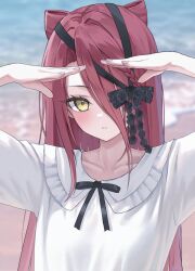  1girl beach black_bow blurry blurry_background blush bow breasts commentary_request dragon_girl dress duplicate fate/grand_order fate_(series) fingernails gradient_nails hair_between_eyes hands_up highres loli long_hair looking_at_viewer nagine ocean one_eye_covered parted_lips pixel-perfect_duplicate red_hair small_breasts solo typhon_ephemeros_(fate) upper_body very_long_hair white_dress yellow_eyes 