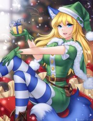 1girl animal_ear_fluff animal_ears artist_name belt blonde_hair blue_eyes blue_tail blue_thighhighs bow box brown_belt capelet christmas christmas_present commentary commission english_commentary feet_out_of_frame fox_ears fox_girl fox_tail fur-trimmed_capelet fur_trim gift gift_box gigamessy gloves green_bow green_capelet green_gloves green_hair hand_on_own_knee highres holding holding_gift long_hair looking_at_viewer open_mouth original pom_pom_(clothes) short_sleeves sitting smile solo striped_clothes striped_thighhighs tail teeth thigh-highs upper_teeth_only white_thighhighs 