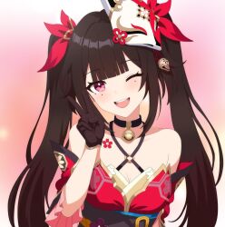  1girl bare_shoulders bell black_choker black_gloves brown_hair butterfly-shaped_pupils choker circle_facial_mark commentary criss-cross_halter diamond_(shape) diamond_facial_mark diamond_on_cheek dress facial_mark flower_tattoo fox_mask gloves halterneck hand_up heart heart_facial_mark highres honkai:_star_rail honkai_(series) long_hair looking_at_viewer mark_under_both_eyes mask mask_on_head miraa_(mirroa1015) neck_bell one_eye_closed open_mouth pink_eyes red_dress red_sleeves smile solo sparkle_(honkai:_star_rail) symbol-shaped_pupils tattoo twintails v very_long_hair 