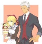  1boy 1girl apron archer_(fate) artoria_pendragon_(fate) black_jacket black_necktie black_shirt blonde_hair blue_ribbon border braid closed_mouth collared_shirt fate/stay_night fate_(series) frown green_eyes grey_eyes hair_ribbon hand_on_hip highres holding jacket long_sleeves maid neck_ribbon necktie open_clothes open_jacket outside_border red_vest ribbon saber shirt short_hair sketch spiky_hair sweatdrop underbust vest vvv1356_ygo white_apron white_border white_hair white_ribbon white_shirt wing_collar 