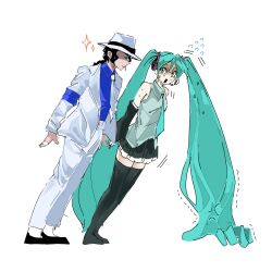  1boy 1girl absurdly_long_hair anti-gravity_lean applehe93929811 bare_shoulders black_hair black_shoes black_skirt blue_eyes blue_hair blue_necktie blue_shirt closed_eyes closed_mouth collared_shirt commentary crossover detached_sleeves east-west_crossover english_commentary fedora flying_sweatdrops grey_shirt hat hatsune_miku headset highres jacket long_hair looking_at_another michael_jackson necktie open_clothes open_jacket open_mouth pants prehensile_hair real_life shirt shoes simple_background skirt sleeveless sleeveless_shirt smile smooth_criminal sparkle suit sweat thigh-highs trembling twintails very_long_hair vocaloid white_background white_jacket white_necktie white_pants white_suit 