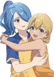  2boys absurdres blonde_hair blue_eyes blue_hair blue_sleeves brown_eyes hair_over_one_eye highres hug inazuma_eleven inazuma_eleven_(series) kazemaru_ichirouta long_hair looking_at_viewer male_focus miyasaka_ryou multiple_boys okurarebito open_mouth orange_tank_top ponytail shirt short_sleeves simple_background tank_top teeth upper_teeth_only white_background yellow_shirt 