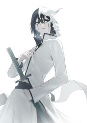  1boy arrancar black_hair bleach closed_mouth commentary_request facial_mark fagi_(kakikaki) from_side green_eyes hair_between_eyes hand_in_pocket hole hole_in_chest hole_on_body jacket long_sleeves male_focus pants sheath sheathed short_hair solo sword ulquiorra_cifer weapon white_background white_jacket white_pants 